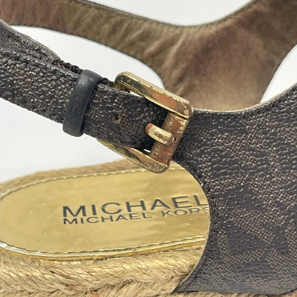 Michael Kors Espadrille Thongs Sandals Gold Brown Bow Flat Sandal Boho Vacation